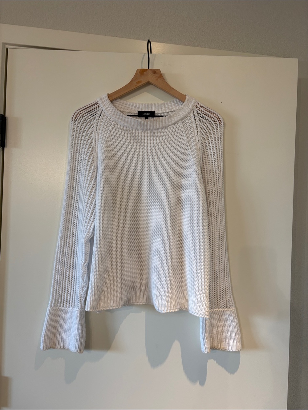 ME+EM White  Open-Stitch Crewneck Sweater